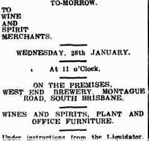 west end brewery liquidation sale 1914
